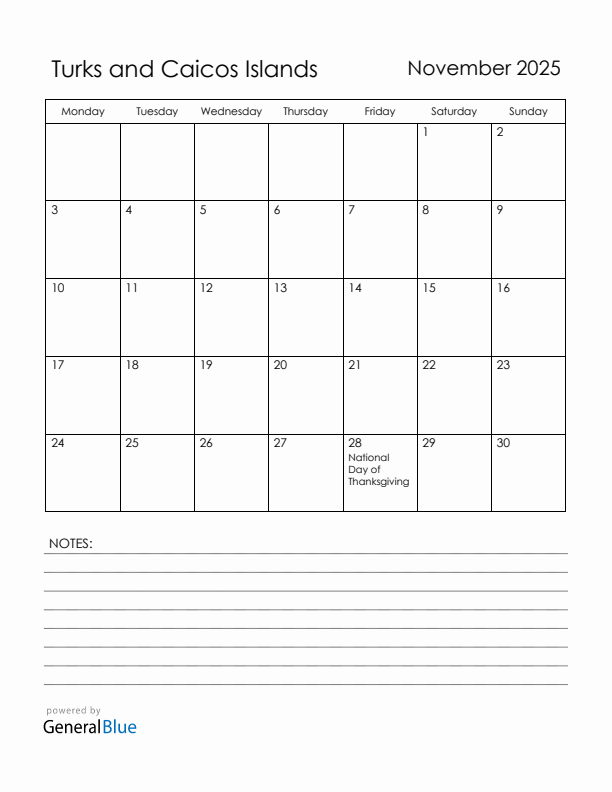 November 2025 Turks and Caicos Islands Calendar with Holidays (Monday Start)