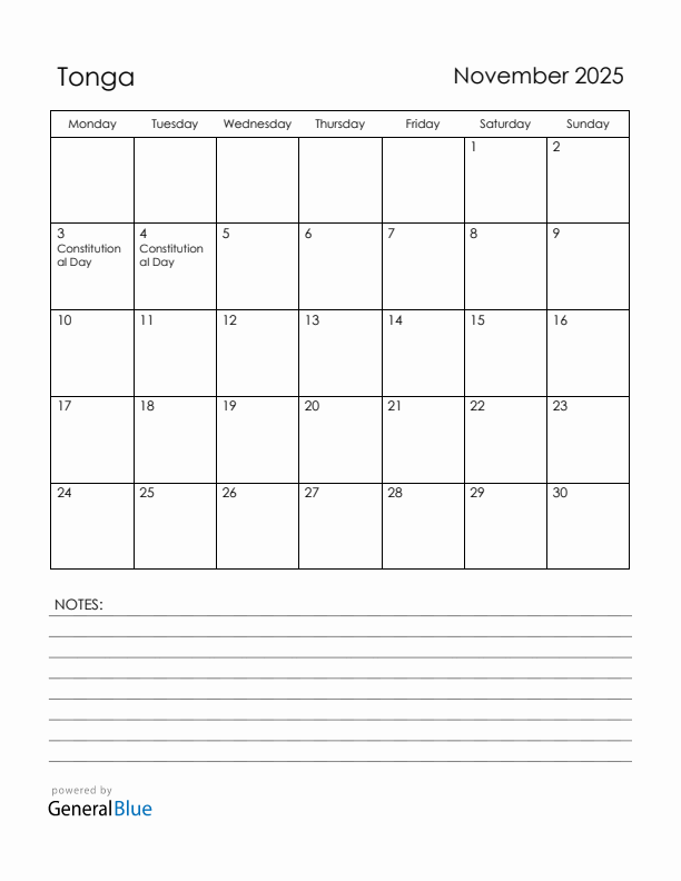 November 2025 Tonga Calendar with Holidays (Monday Start)