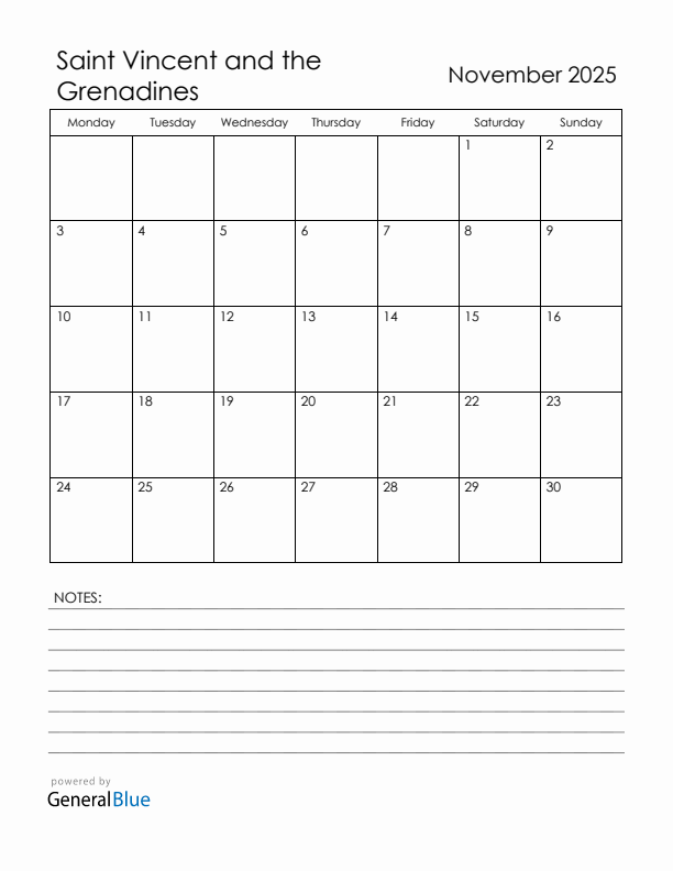 November 2025 Saint Vincent and the Grenadines Calendar with Holidays (Monday Start)
