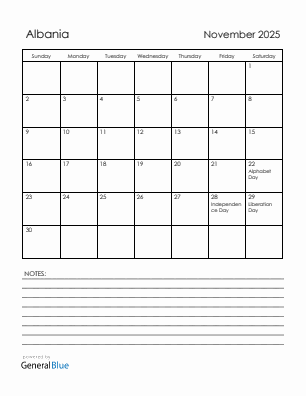 Current month calendar with Albania holidays for November 2025