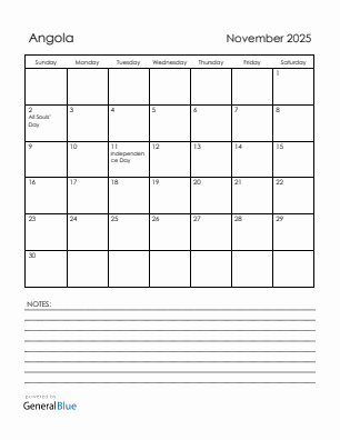 Current month calendar with Angola holidays for November 2025