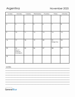 Current month calendar with Argentina holidays for November 2025