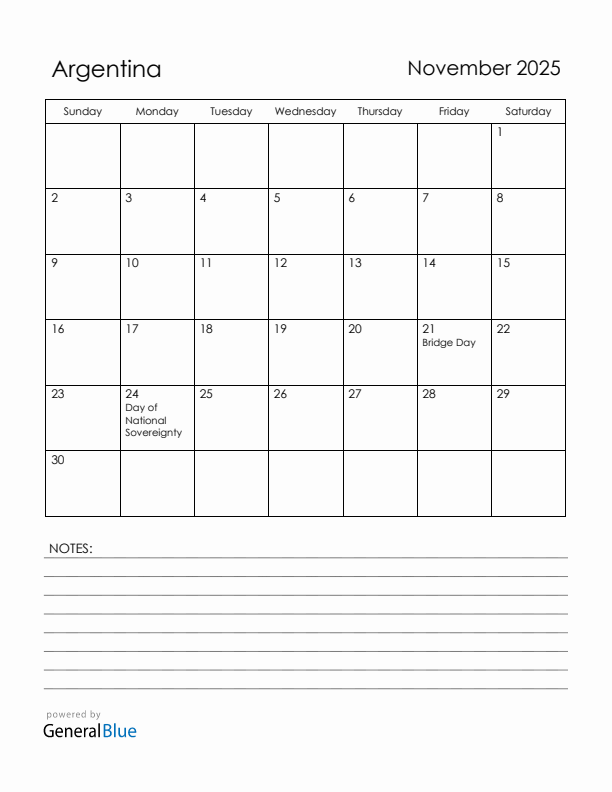 November 2025 Argentina Calendar with Holidays (Sunday Start)
