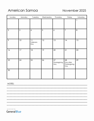 Current month calendar with American Samoa holidays for November 2025