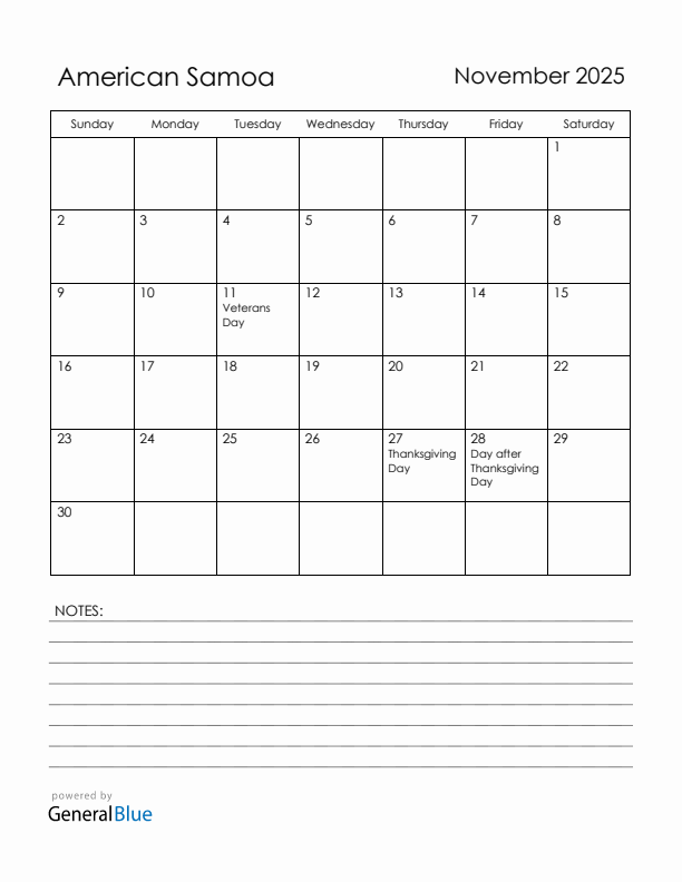 November 2025 American Samoa Calendar with Holidays (Sunday Start)