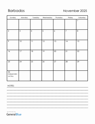 Current month calendar with Barbados holidays for November 2025