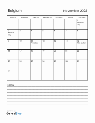 Current month calendar with Belgium holidays for November 2025