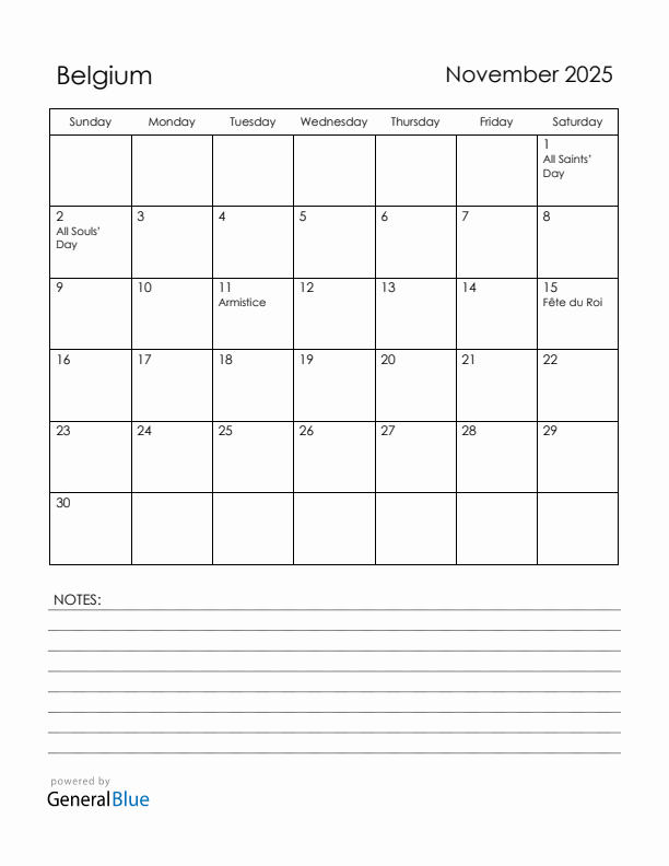 November 2025 Belgium Calendar with Holidays (Sunday Start)