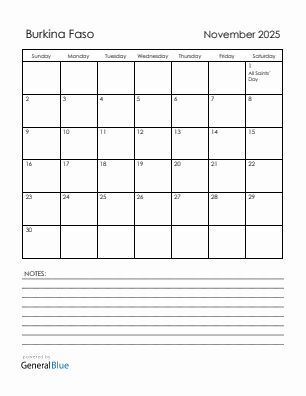Current month calendar with Burkina Faso holidays for November 2025