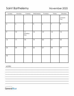 Current month calendar with Saint Barthelemy holidays for November 2025