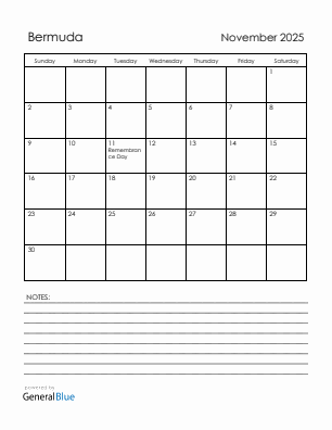 Current month calendar with Bermuda holidays for November 2025