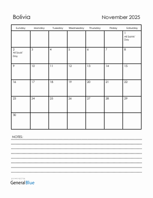 Current month calendar with Bolivia holidays for November 2025