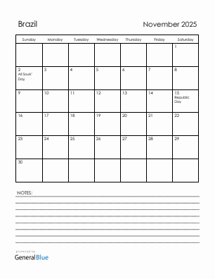 Current month calendar with Brazil holidays for November 2025