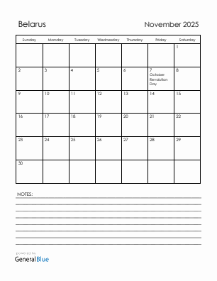 Current month calendar with Belarus holidays for November 2025
