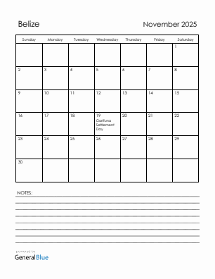 Current month calendar with Belize holidays for November 2025