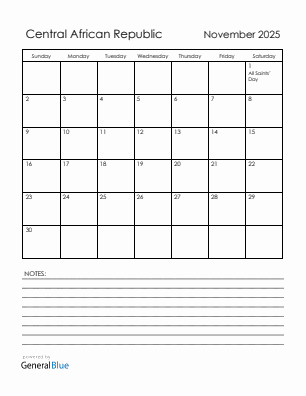 Current month calendar with Central African Republic holidays for November 2025