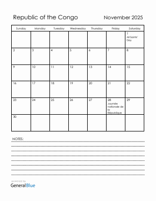Current month calendar with Republic of the Congo holidays for November 2025