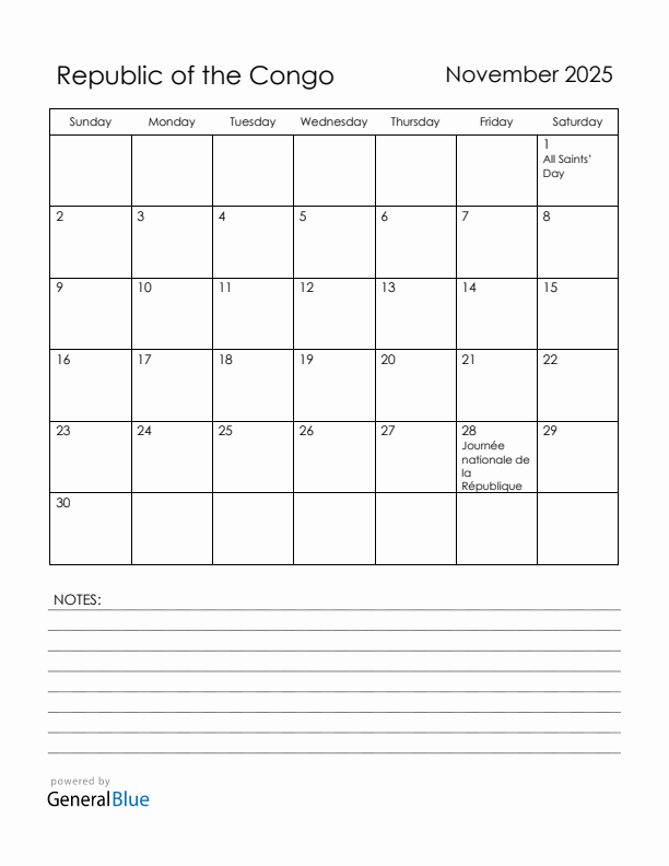 November 2025 Republic of the Congo Calendar with Holidays (Sunday Start)
