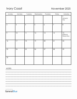 Current month calendar with Ivory Coast holidays for November 2025