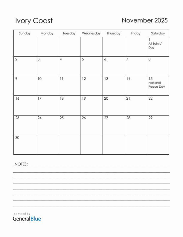 November 2025 Ivory Coast Calendar with Holidays (Sunday Start)