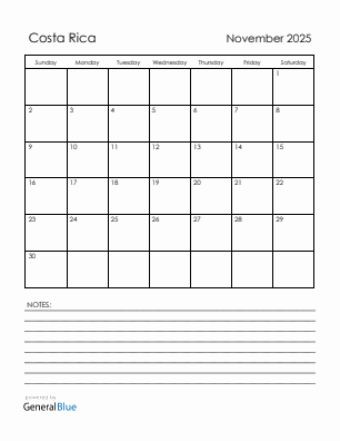 Current month calendar with Costa Rica holidays for November 2025