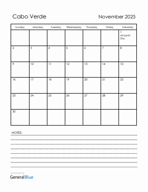 Current month calendar with Cabo Verde holidays for November 2025