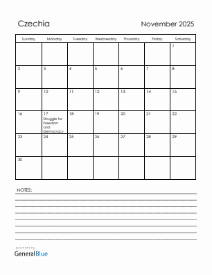 Current month calendar with Czechia holidays for November 2025