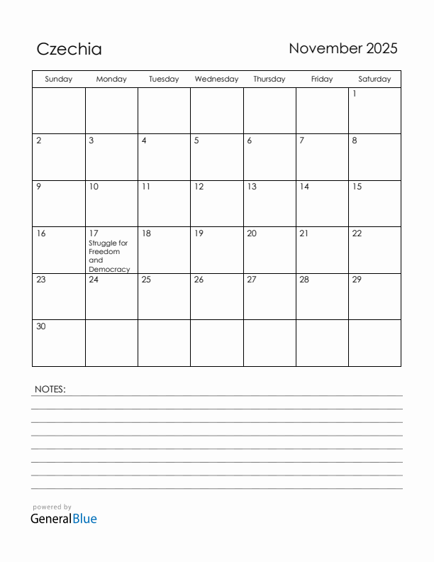 November 2025 Czechia Calendar with Holidays (Sunday Start)
