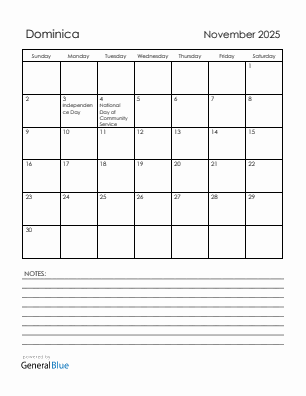 Current month calendar with Dominica holidays for November 2025