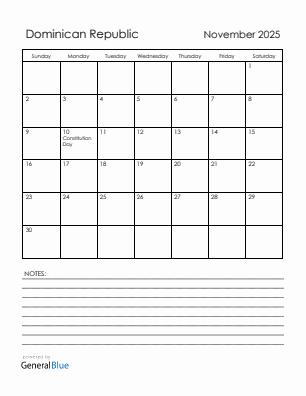 Current month calendar with Dominican Republic holidays for November 2025