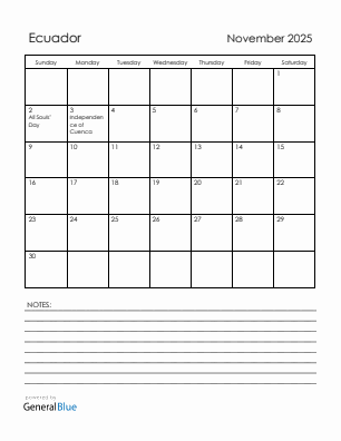 Current month calendar with Ecuador holidays for November 2025