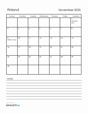 Current month calendar with Finland holidays for November 2025