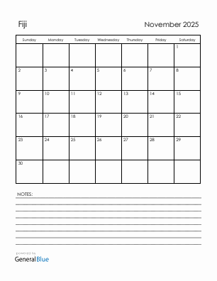 Current month calendar with Fiji holidays for November 2025
