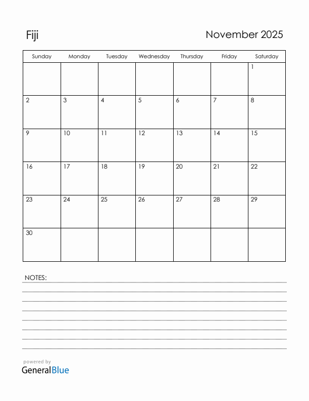 November 2025 Fiji Calendar with Holidays (Sunday Start)