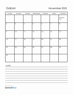 Current month calendar with Gabon holidays for November 2025