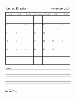 Current month calendar with United Kingdom holidays for November 2025