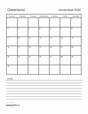 Current month calendar with Greenland holidays for November 2025