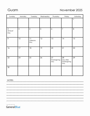 Current month calendar with Guam holidays for November 2025