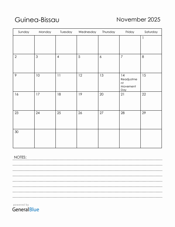 November 2025 Guinea-Bissau Calendar with Holidays (Sunday Start)