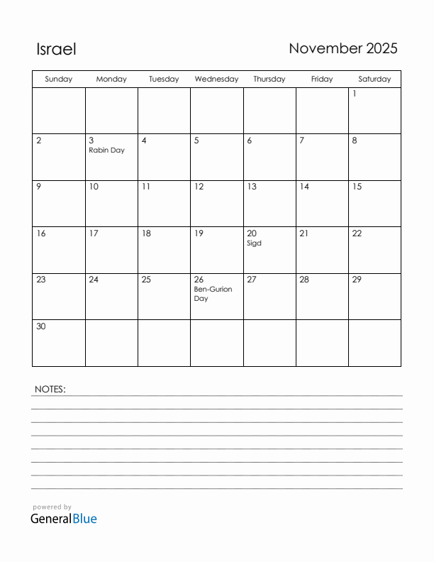 November 2025 Israel Calendar with Holidays (Sunday Start)