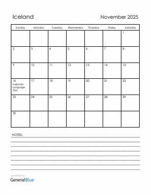 Current month calendar with Iceland holidays for November 2025