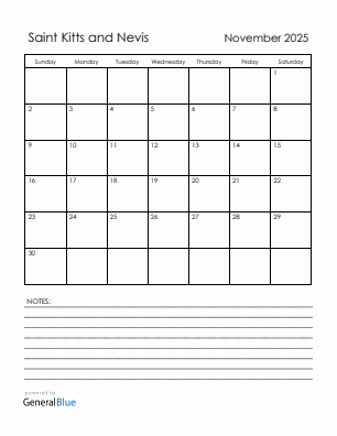Current month calendar with Saint Kitts and Nevis holidays for November 2025