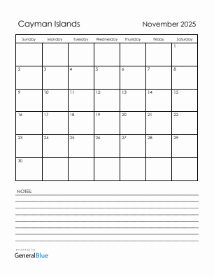 Current month calendar with Cayman Islands holidays for November 2025