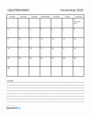 Current month calendar with Liechtenstein holidays for November 2025