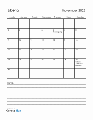 Current month calendar with Liberia holidays for November 2025