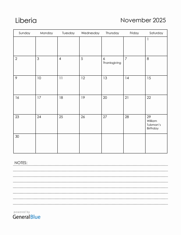 November 2025 Liberia Calendar with Holidays (Sunday Start)