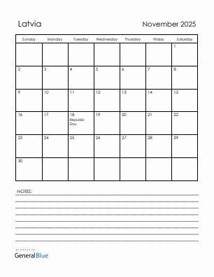 Current month calendar with Latvia holidays for November 2025