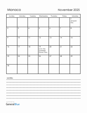 Current month calendar with Monaco holidays for November 2025