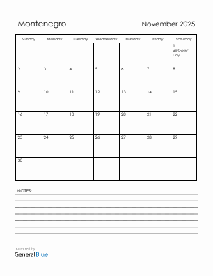 Current month calendar with Montenegro holidays for November 2025