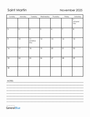 Current month calendar with Saint Martin holidays for November 2025